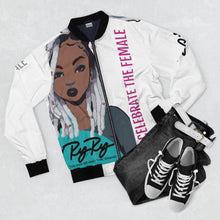 Load image into Gallery viewer, &quot;Celebrate The Female&quot; White/Blk/Pink Bomber Jacket
